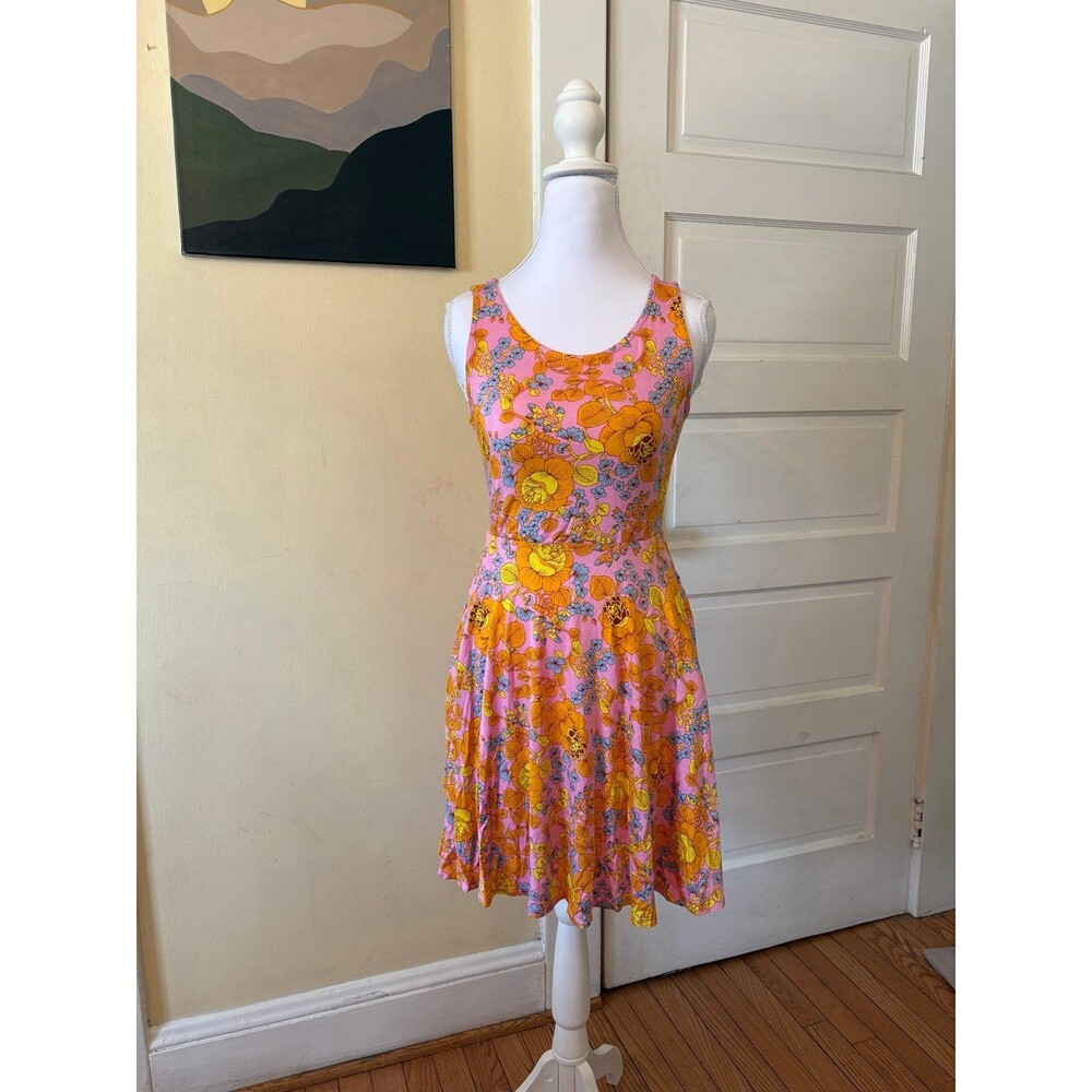 Woman's Fisher Dress Fit and Flare Floral Sleeveless tropical pockets wide strap
